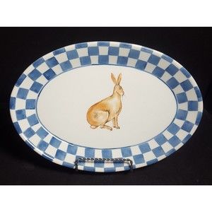 Easter Bunny Rabbit oval serving dish plate Blue Gingham Italian tableware